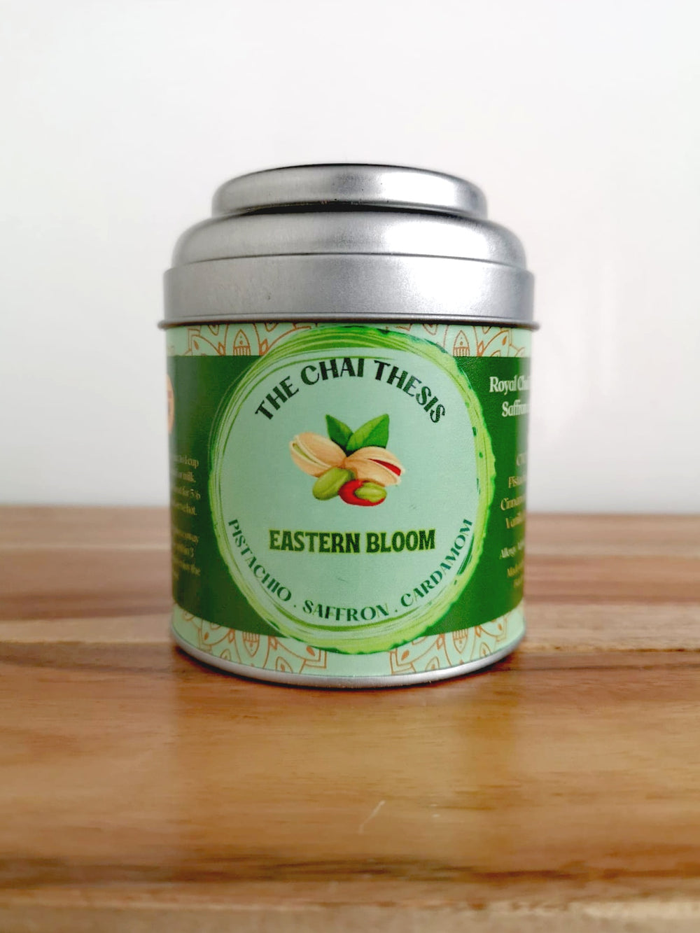 Eastern Bloom Chai tin – pistachio and saffron instant chai blend by The Chai Thesis