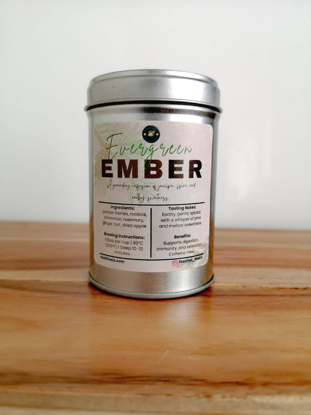 Evergreen Ember tin – juniper and rooibos herbal tea blend by The Chai Thesis