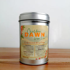 Golden Dawn Herbal Elixir tin – sea buckthorn and hibiscus herbal tea by The Chai Thesis