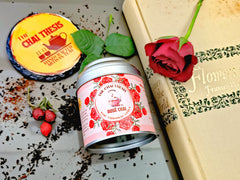 Rosé Chai tin with rose petals and teacup – luxury handcrafted chai blend