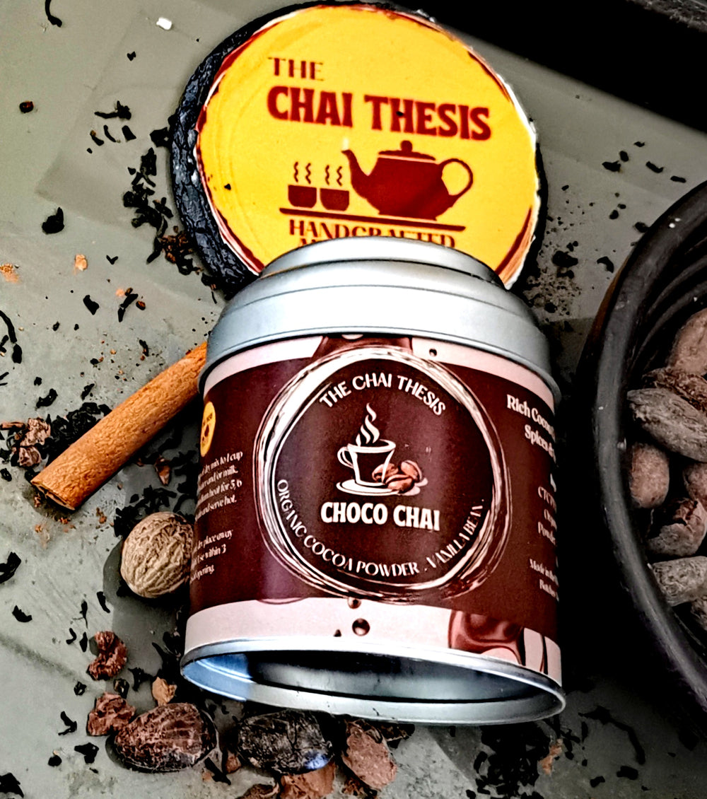 Choco Chai tin with cocoa beans and spices – luxury handcrafted chai blend