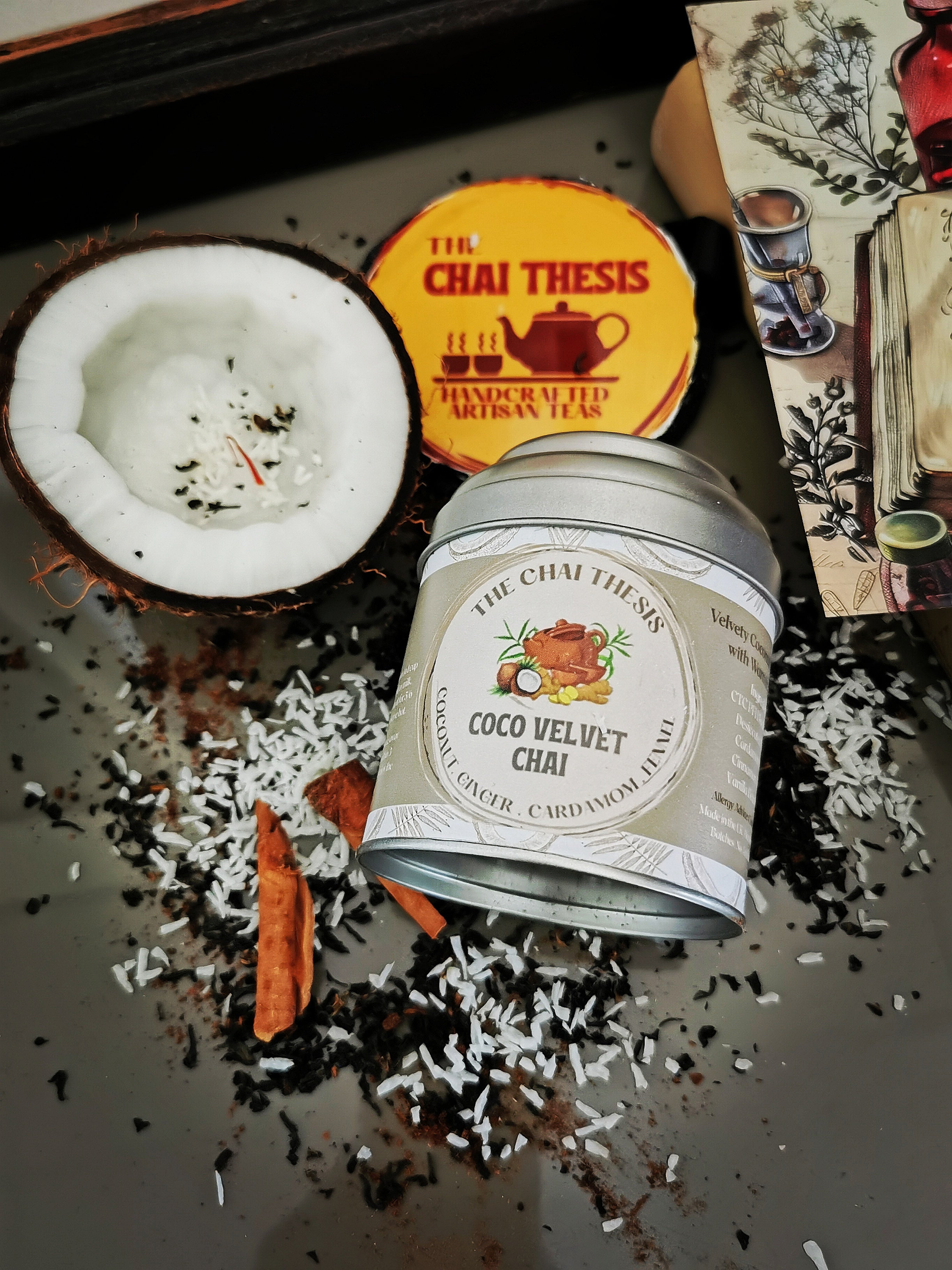 Coco Velvet Chai tin with coconut and spices – handcrafted creamy masala chai blend