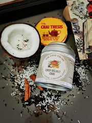 Coco Velvet Chai tin with coconut and spices – handcrafted creamy masala chai blend