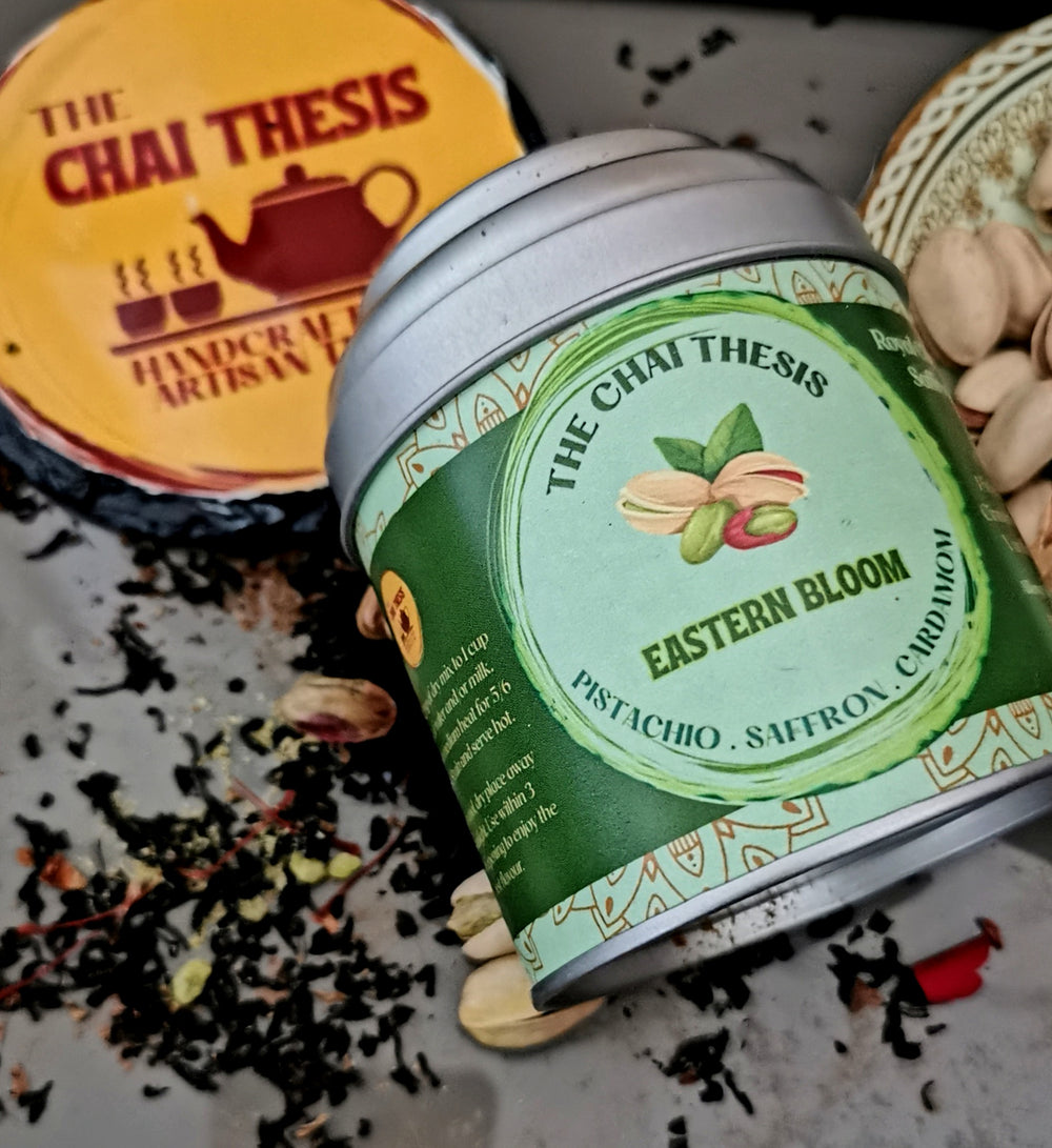 Eastern Bloom Chai tin with pistachios and saffron threads – luxury handcrafted chai blend