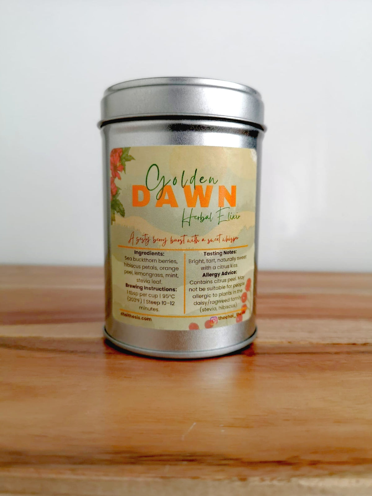 Golden Dawn Herbal Elixir tin – sea buckthorn and hibiscus herbal tea by The Chai Thesis