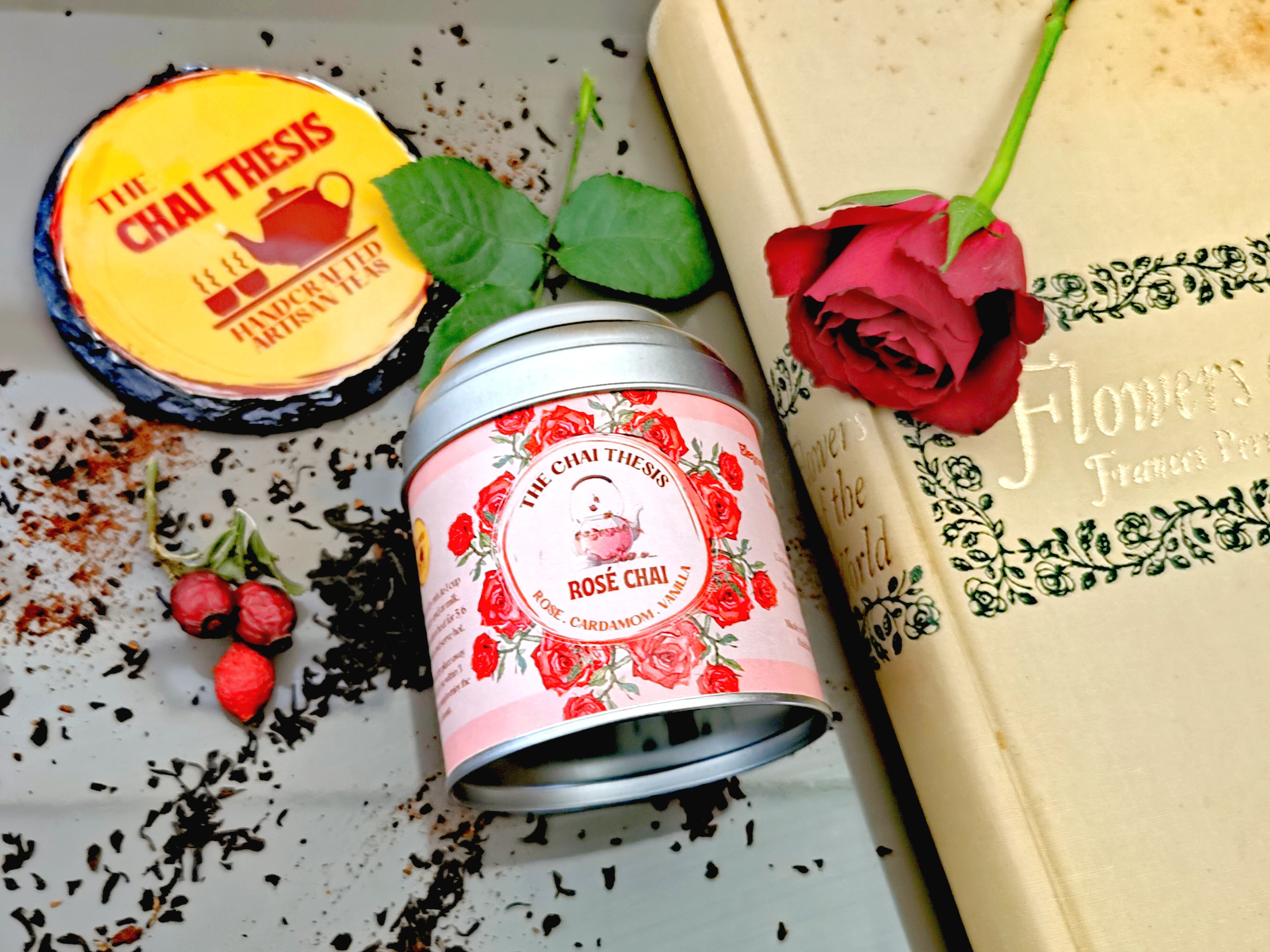 Rosé Chai tin with rose petals and teacup – luxury handcrafted chai blend
