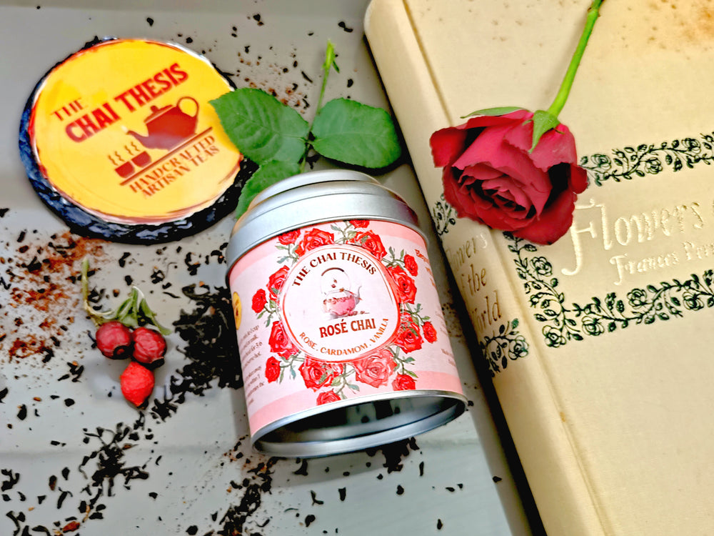 Rosé Chai tin with rose petals and teacup – luxury handcrafted chai blend