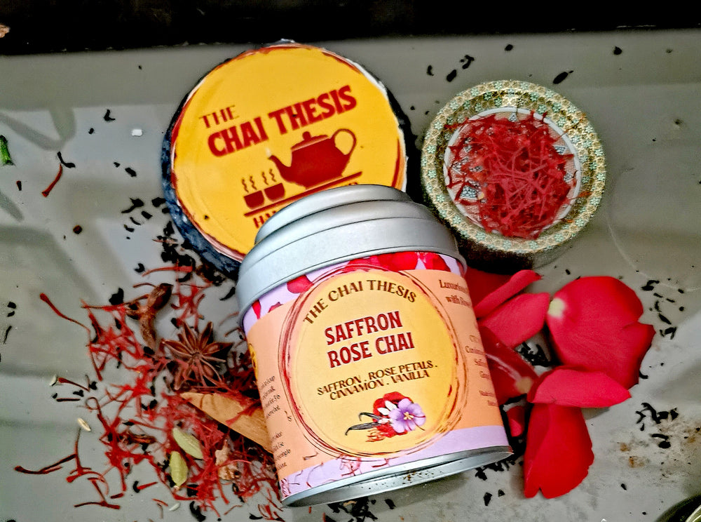 Saffron Rose Chai tin – handcrafted rose and saffron masala chai blend by The Chai Thesis